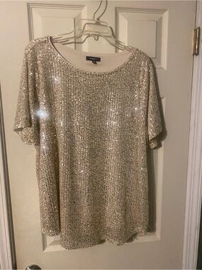 Studio Y sparkling Sequin Short Sleeve Top - Champagne size 1X knit stretch